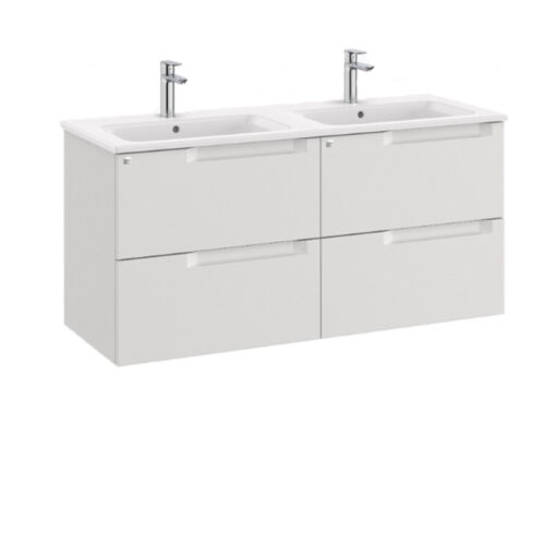 Pack conjunto de mueble de base de 4 gavetas, lavabo doble y espejo eidos con luz led